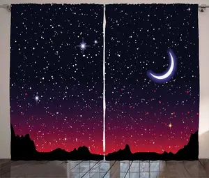Штора ABAKUHAUS Rustic Night, Красное небо, звездный пейзаж, универсальная ленточная штора для гостиной с петлями и крючками, 280 x 245 см, цвет: индиго, пурпурный, черный Abakuhaus
