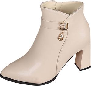 Женские ботильоны из искусственной кожи с высоким каблуком, заостренным носком и массивным каблуком, элегантные модные ботильоны осень 2025 с боковой молнией Generic, Beige