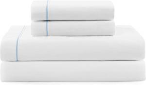 Tommy Hilfiger Комплект постельного белья Queen, белый с синей полоской, хлопковый перкаль: пододеяльник, простыня, наволочки