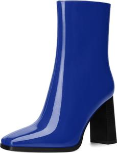 Женские ботильоны, короткие сапоги на высоком квадратном каблуке для женщин, модные сапоги средней высоты с боковой молнией и массивным каблуком 3,5 дюйма MISEZOXI, Royal Blue Patent