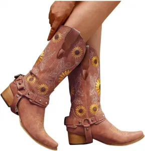 Женские ковбойские ботинки ZBYY с вышивкой подсолнуха, квадратный носок, ретро западный стиль, массивный каблук, средняя голень, на молнии