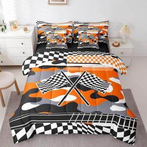 Erosebridal Комплект постельного белья 7Pcs Race Car с камуфляжным принтом гоночных флагов в оранжевых спортивных тонах, Orange