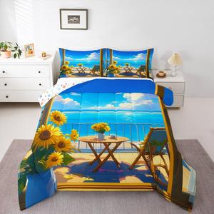 Erosebridal Комплект постельного белья в японском аниме стиле для детей с гавайским пляжным принтом, голубой океан и желтые подсолнухи, тропический островной дизайн, Blue Yellow Brown