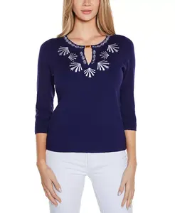 Женский свитер Black Label с вышитым принтом и разрезом на горловине Belldini, синий
