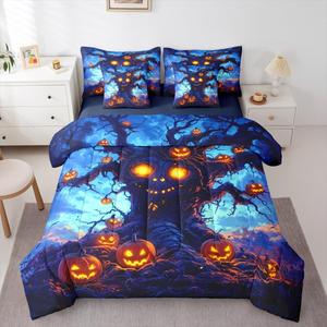 Erosebridal Готический комплект постельного белья с оранжевыми тыквами и фонарями в стиле хэллоуин для детей и взрослых, Blue Orange Yellow