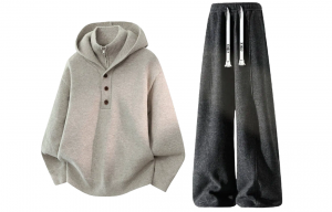 Толстовка Casual Sportswear утепленная с капюшоном унисекс X1617, oat sweater+черный fleece-lined pants