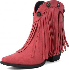 Женские сапоги Alyaafifa с бахромой, массивным блочным каблуком на танкетке, широкие голенища, ботильоны с закрытым носком, без застежки, короткие сапожки с V-образным вырезом и кисточками, модные, нарядные и удобные, Pu Leather - Block Heel - Red