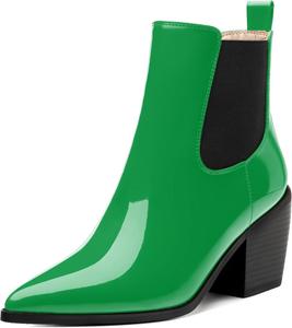 Женские ботильоны FEMSTEP Челси с эластичной вставкой, заостренным носком и высоким устойчивым каблуком, удобные лакированные ботинки на осень для вечеринок, шопинга и свиданий, Green
