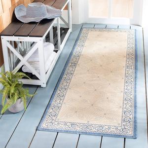 Ковер SAFAVIEH, 69 x 427 см, Washable Outdoor Courtyard Collection - Runner, Natural & Blue, не линяет и легко чистится, идеально для патио, прихожей, гардеробной, коридора, кухни (CY1502-3101)