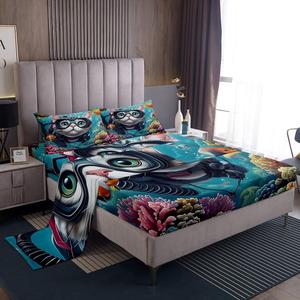 Erosebridal Комплект постельного белья Funny Cat с морскими животными и дайвинг-котом, голубой, Teal Blue and Grey