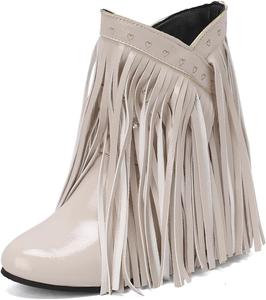 Женские ботильоны с кисточками, на скрытом каблуке, с круглым носком, из лакированной кожи, модные, винтажные, с бахромой, вестерн, ковбойские, женские, до щиколотки Generic, Off-White