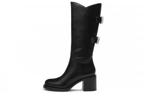 CHARLES&KEITH Маленькие чёрные женские ботинки до колена на каблуке 7 см, цвет Black