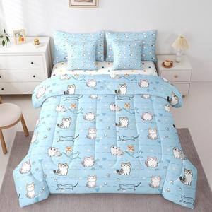 Erosebridal Комплект постельного белья Cartoon Animal King Size с милыми котиками в голубых тонах, Powder Blue
