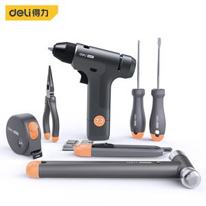 Серия Deli Home, набор из 8 предметов, литиевая электрическая дрель (серо-оранжевый), бытовые плоскогубцы, 7,2 В, универсальный нож, стальная рулетка, набор отверток, немецкий дизайн HT0208C