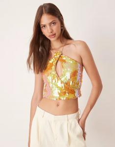 Топ с вырезом и пайетками, вырезом на шее и воротником-халтер оранжевого цвета Asos Design