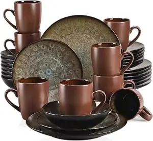Набор столовой посуды - на 8 персон - 32 предмета - коричневый - керамика - тарелки для обеда и завтрака Happyment