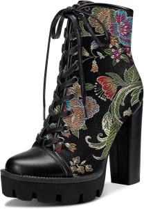 Женские ботильоны Castamere на высоком каблуке-платформе с шнуровкой, массивным каблуком, молнией и круглым носком, каблук 12 см, Black Flower