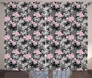 Штора ABAKUHAUS "Бабочка" в деревенском стиле, "Романтическое лето", для спальни, присборенная тесьма с петлями и крючками, 280 x 245 см, цвет: черный, серо-коричневый, розовый Abakuhaus