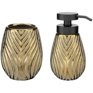 Набор аксессуаров для ванной WENKO «Модель Idro Gold», (2 предмета), дозатор мыла и чашка для зубной щетки, керамика, линейная структура, золотой