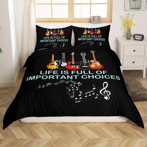 Erosebridal Комплект постельного белья Guitar с музыкальными нотами и мотивом рок-музыки, Red Orange Black
