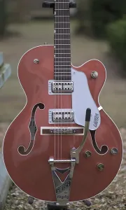 Gretsch G6118T Players Edition Anniversary Полуакустическая гитара с системой String-Thru Bigsby, гриф из палисандра - двухцветная медно-металлическая/сахарная металлическая