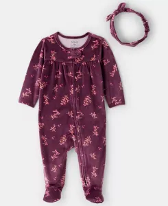 Детский набор для девочек из 2 предметов: пижама-комбинезон с длинным рукавом в цветочном принте и повязка на голову Carter'S, красный