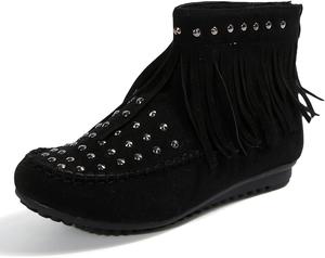 Женские классические ботинки с бахромой и заклепками, замшевые, с кисточками, ковбойские, с круглым носком, на плоской подошве, ретро, с низким каблуком, модные повседневные зимние ботинки средней длины CSRZPMG, Black Studded Boots