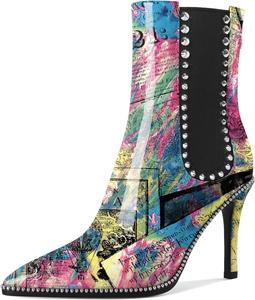 Женские ботильоны SAMMITOP с заостренным носком, на шпильке, челси, модные серебристые с заклепками, короткие туфли с задней молнией, каблук 10 см