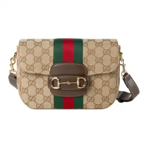 GUCCI Horsebit 1955 Canvas Shoulder Bag Small Women's Sand & Dark Brown
