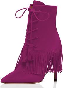 Женские ботильоны YDN в богемном стиле с бахромой на шпильках, заостренный носок, шнуровка и кисточки, Rose Pink