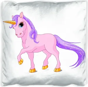 Подушка Premium, мягкая поверхность, с изображением единорога розового цвета с фиолетовым хвостом, размер: 30 х 30 см, с белой изнанкой Wallario