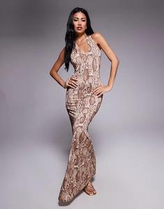 Платье макси из сетчатой ткани AFRM с драпировкой на спине и коричневым змеиным принтом