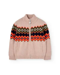 Вязаная детская куртка с орнаментом и полу-высоким воротником Boboli, бежевый