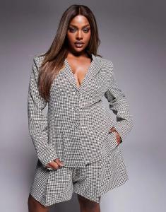 Блейзер ASOS LUXE Curve в ломаную клетку с бантом сзади, коричневый, с пайетками