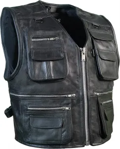 PAULGOS BW11 Кожаный жилет для байкеров, рокеров, мотоклубов, черный, black