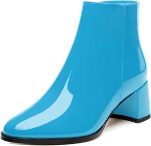 Женские ботильоны JUSTDANNI с круглым носком, массивным каблуком и высоким каблуком, удобная боковая молния, лакированные ботильоны для вечеринки, работы, повседневной носки и свадьбы, Sky Blue