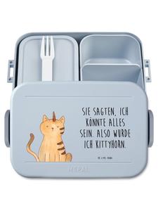 Mr. & Mrs. Panda Бентобокс с изображением единорога и кошки и надписью пастельно-голубого цвета