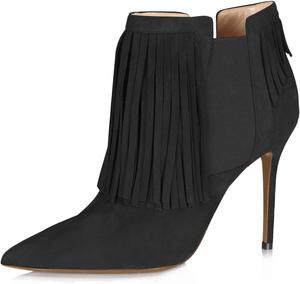 Женские ботильоны YDN с каблуком-стилетто, кисточками, эластичной вставкой, заостренным носком и замшевой отделкой, Black