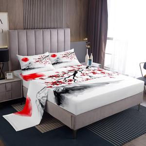 Erosebridal Комплект постельного белья в японском стиле с рисунком горы Фудзи и цветущей сакуры, ручная роспись тушью, Multi 4