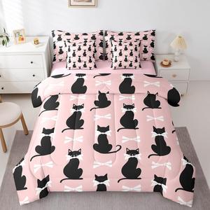 Erosebridal Комплект постельного белья Bowknot Cat с розовыми бантами и черно-белыми котятами, Pink,white Black