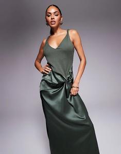 Платье миди ASOS DESIGN с перекрученными бретелями, ребристым лифом и юбкой из атласного узла цвета хаки