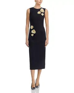 Коктейльное платье из эластичной шерсти с вышитой брошью Oscar De La Renta, черный