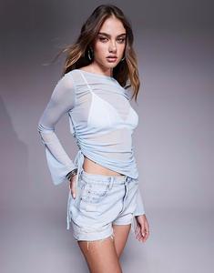 Топ Missyempire из сетки с расклешенными рукавами и сборками по бокам синего цвета