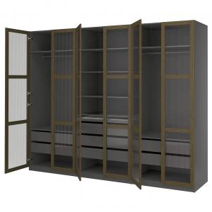 Гардероб PAX/TONSTAD IKEA, 300x60x236 см, цвет dark grey brown/stained oak veneer glass