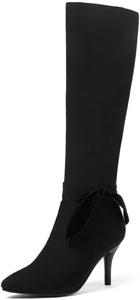 Женские зимние сапоги из искусственной замши до колена с острым носком, боковой молнией, каблуком-стилет, с растягивающимся материалом и бантом JMdfcqer, Black