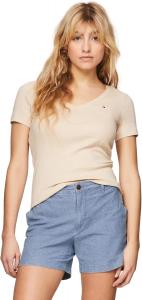 Женская футболка Tommy Hilfiger с коротким рукавом и V-образным вырезом, однотонная хлопковая, Beige Heather.