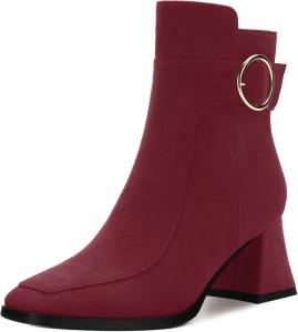 RLYGHWAO Женские черные ботильоны с квадратным носком на среднем каблуке с боковой молнией, модные ботинки с пряжкой для женщин