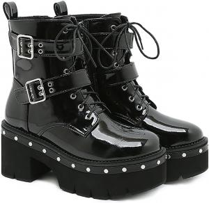 Женские готические ботильоны на высокой платформе из лакированной кожи с массивным каблуком, боковой молнией, модными заклепками и ремешками с пряжкой, высокие шнурованные боевые ботинки, байкерские короткие ботильоны в стиле Y2K панк LVOMU, Black