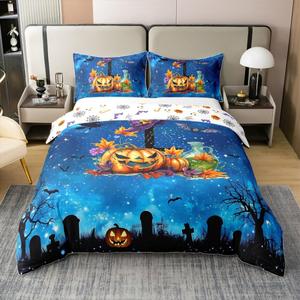 Erosebridal Персонализированный комплект постельного белья с монограммой L, хлопок 100%, тематика Хэллоуин с тыквами и летучими мышами, Black Blue L