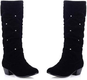 Женские модные сапоги MIOKE до середины икры с мягкой посадкой, с круглым носком, украшенные стразами, замшевые уютные сапоги на низком каблуке, Black-Velvet Lined